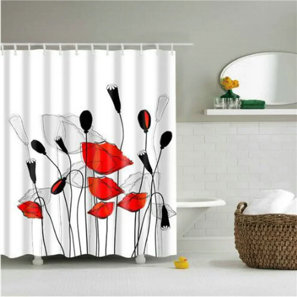 Floral Plants Shower Curtain Poppy Flower Fabric Bath Decor Bathroom Accessories Set With Hook Polyester Washable