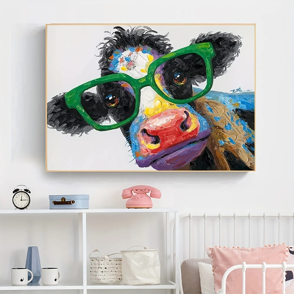 1pc frameless 1pc Colorful Graffiti Cow with Large Green Glasses Canvas Painting Wall Art Poster Farm Animal Kids Room Home Deco - view 5