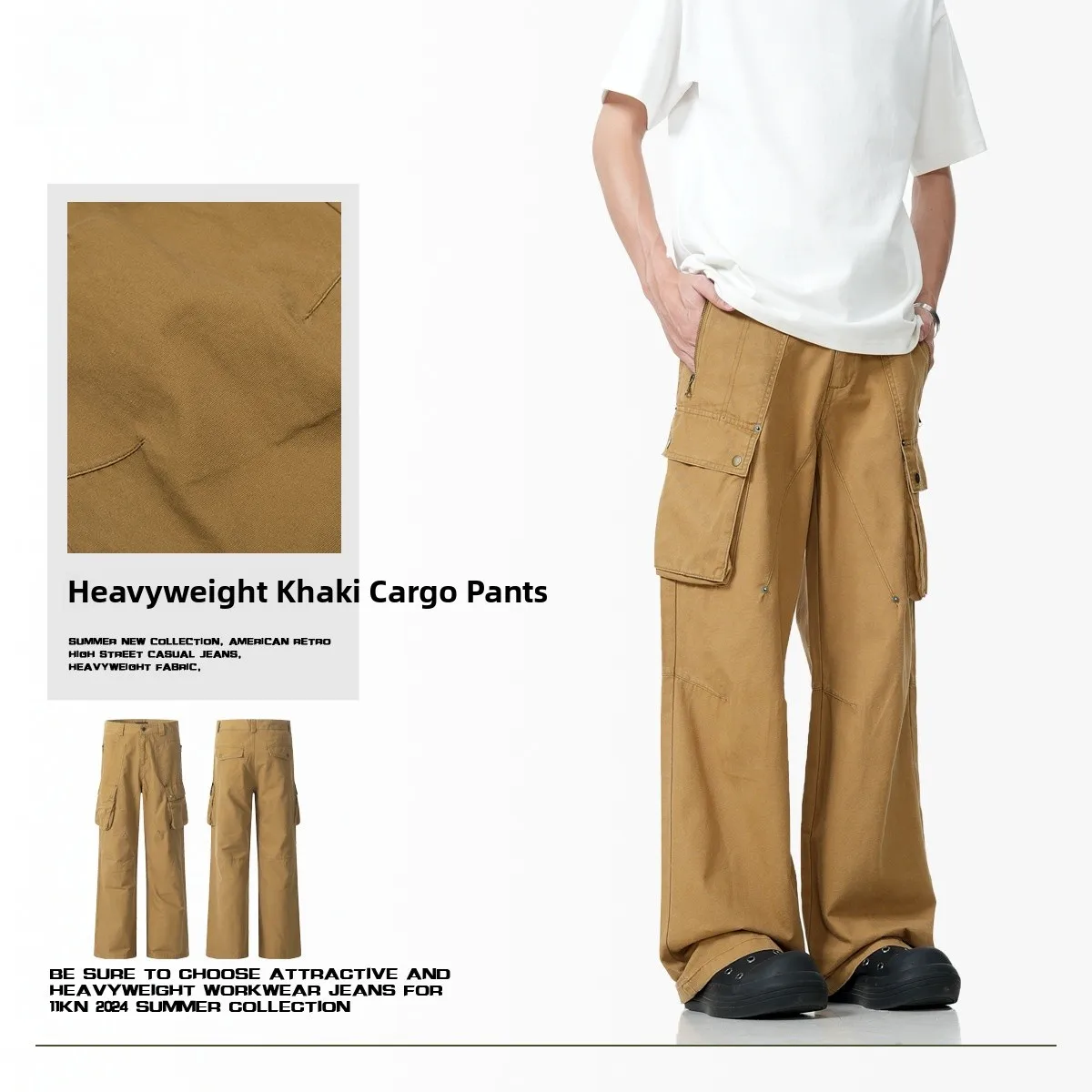 

American Retro Khaki Color Multi-ket Design Loose Straight Leg Work Pants Faionable Casual Trousers for Men