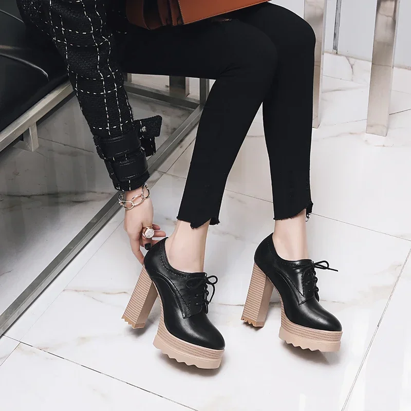 British Women Platform Pumps PU Leather Painted Round Toe Chunky Block High Heel Derby Brogues Casual Lace-up Oxfords Lady Shoes