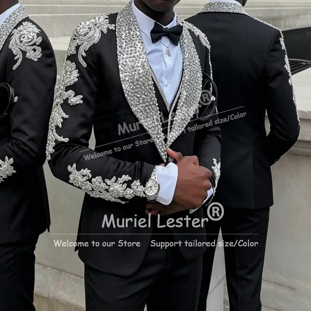 

Gorgeous Black Groom Wedding Tuxedos 3 Piece Sets Rhinestone Embroidery Formal Men Suits Male Prom Blazer Customized Ropa Hombre