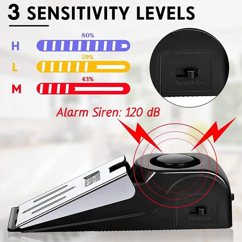 Home Security Door Stopper Alarm Easy to Install 3 Sensitivity Modes Loud Anti Theft Alarm Stainless Steel Pressure Resistant