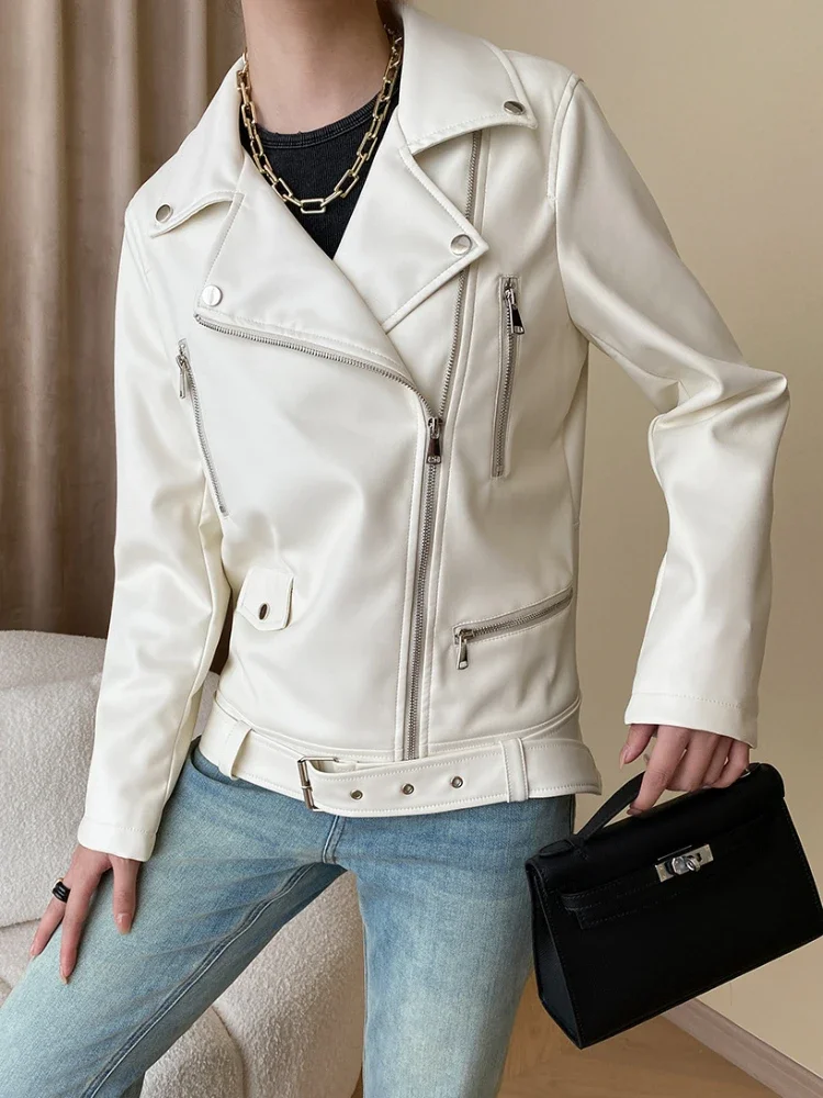 Veste de moto en cuir PU pour femme avec ceinture, manteau monochrome décontracté, streetwear tendance simple, printemps et automne 2024