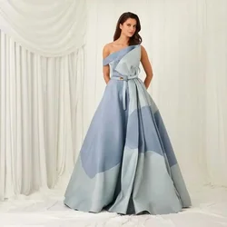 Customized Prom Gown Satin Patchwork Single Shoulder With Belt Pleated A-line Floor Leng Backless Women's Minimalist Party Dress