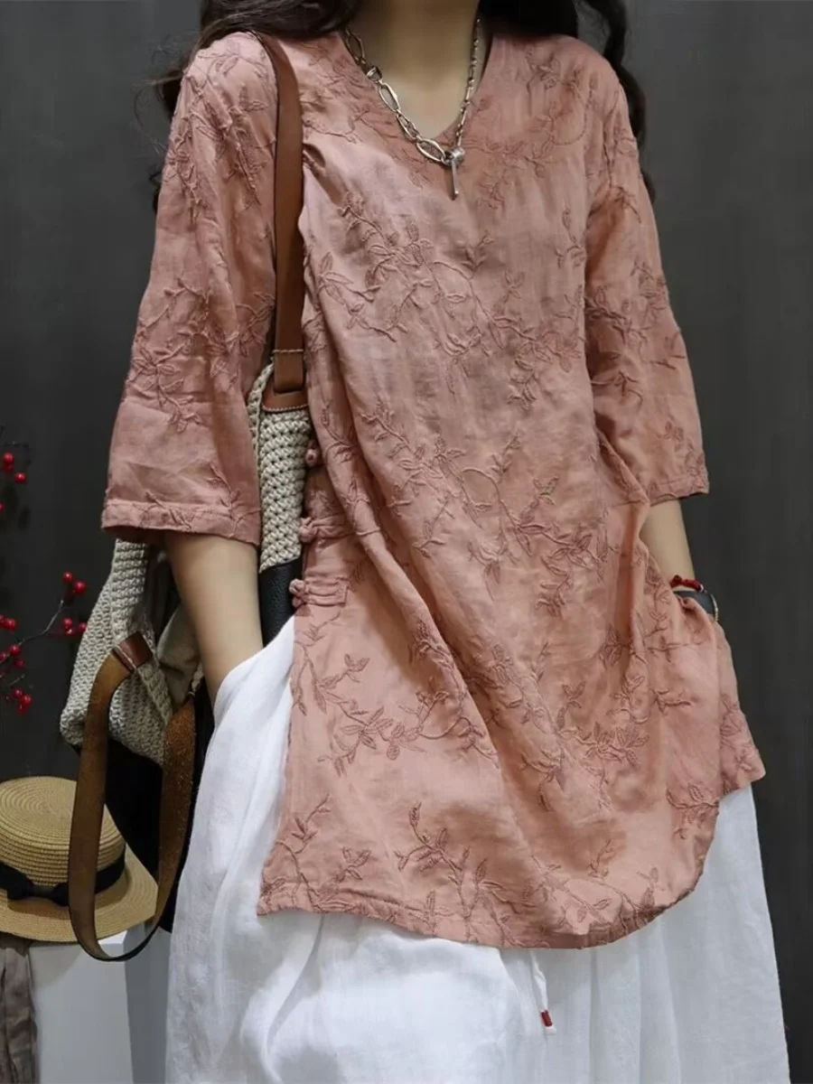 

Casual Cotton Linen irt Dr Embroidered V-Ne Midi Loose Fit Artistic Top Korean Sle Five Sve Summer Faion