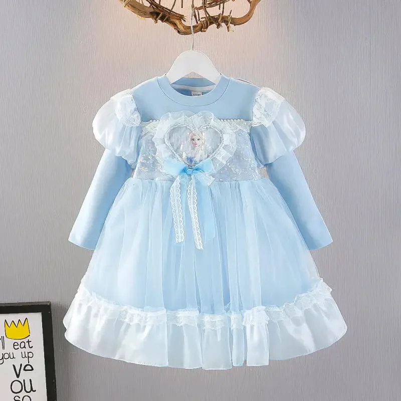 

Новое весеннее платье принцессы Эльзы 2026 года, детская одежда, модное платье Дисней с пышными рукавами, юбка из сетки в стиле Лолита, платье на день рождения