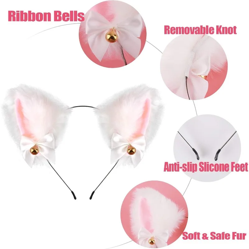 Cosplay Make Up Girl Plush Furry Neko Ears with Ribbon Bell Cat Ears Headband Halloween Cosplay Party Headbands