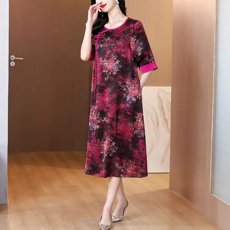 Summer 2025 Elegant Mom's Dress - Breathable Loose Fit Dress with Tummy Control, Large Size Women's Casual Oversized Dress G450