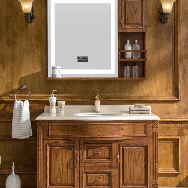 

Red oak bathroom solid wood bathroom home improvement washbasin cabinet combination intelligent defogging mirror cabinet