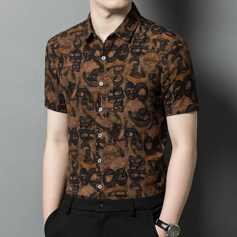 Men's high-end Xiangyunsha silk short-sleeved men's floral shirt casual printed non-iron shirt men's clothing