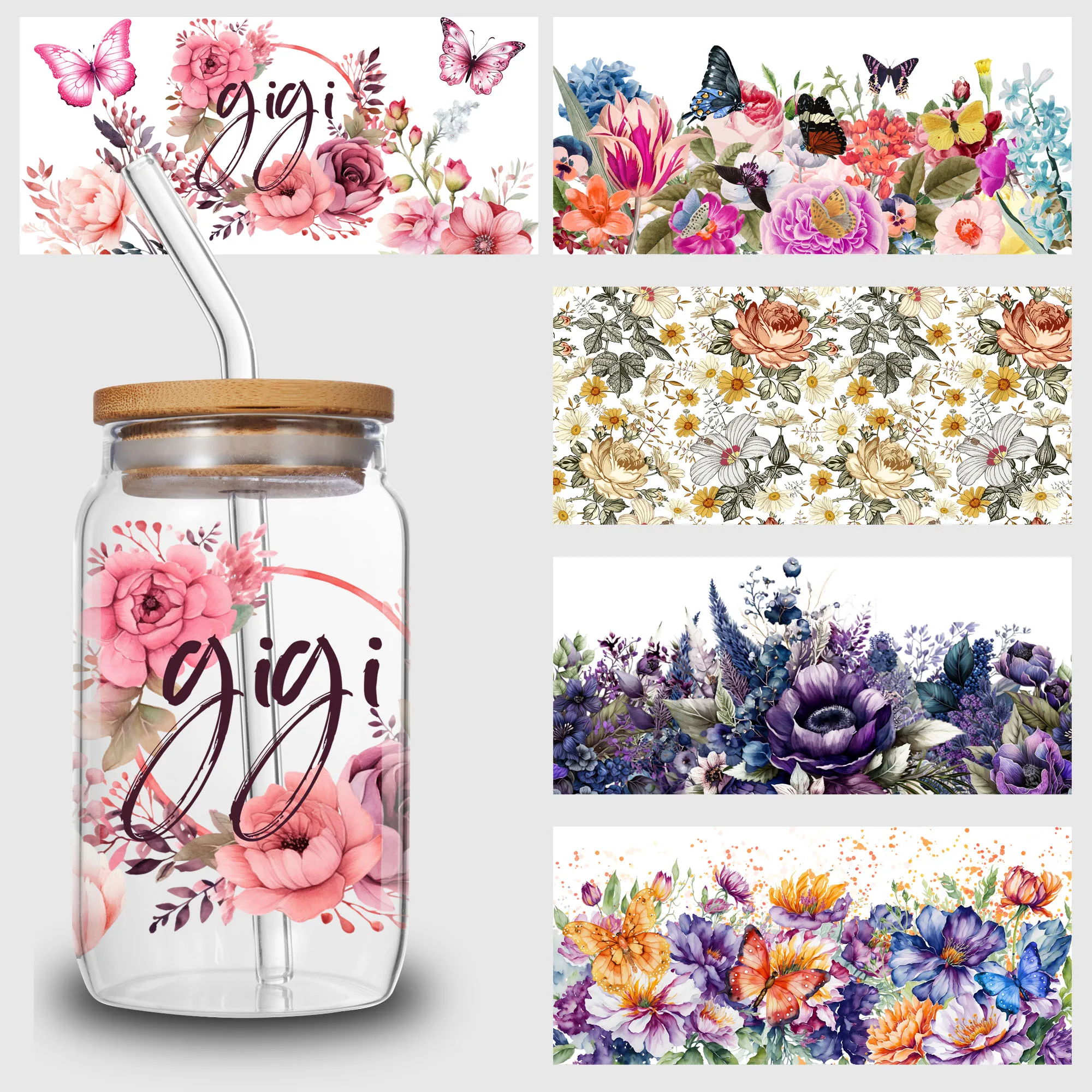 5 Sheets Flower UV DTF Cup Stickers, Glass DTF Transfer Stickers, Waterproof Plant Wipe Transfer Paper for 16oz Glass, Mug,