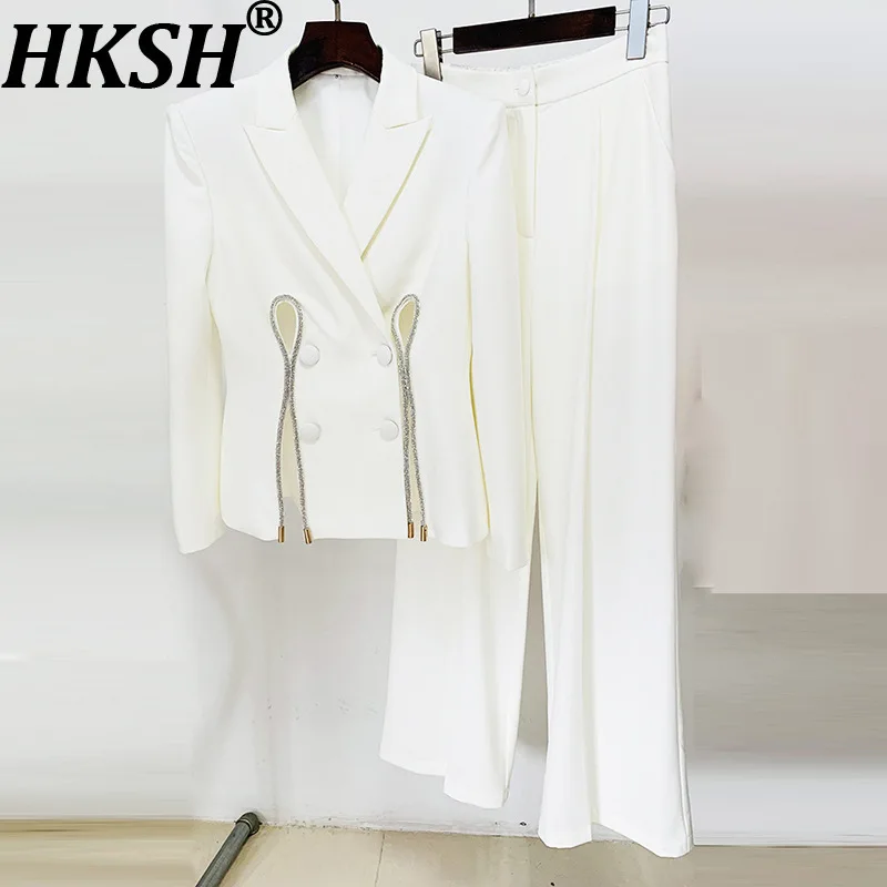 

HKSH весна осень новый женский костюм комплект из двух предметов с вырезами и бриллиантами элегантный модный модный пиджак прямые брюки HK11816