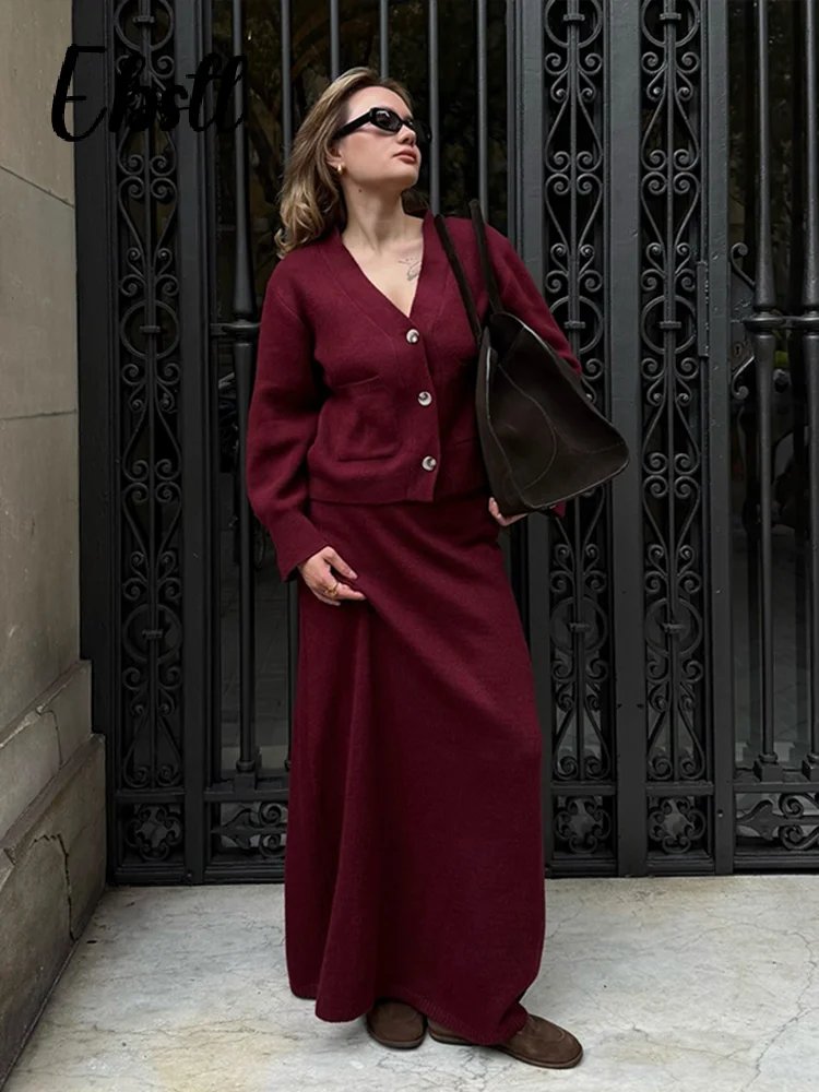 

Knit Solid Sweater Skirts Set Women Elegant Single Breasted V Neck Cardigan High Waist Long Skirt 2024 Winter New Lady Outfits