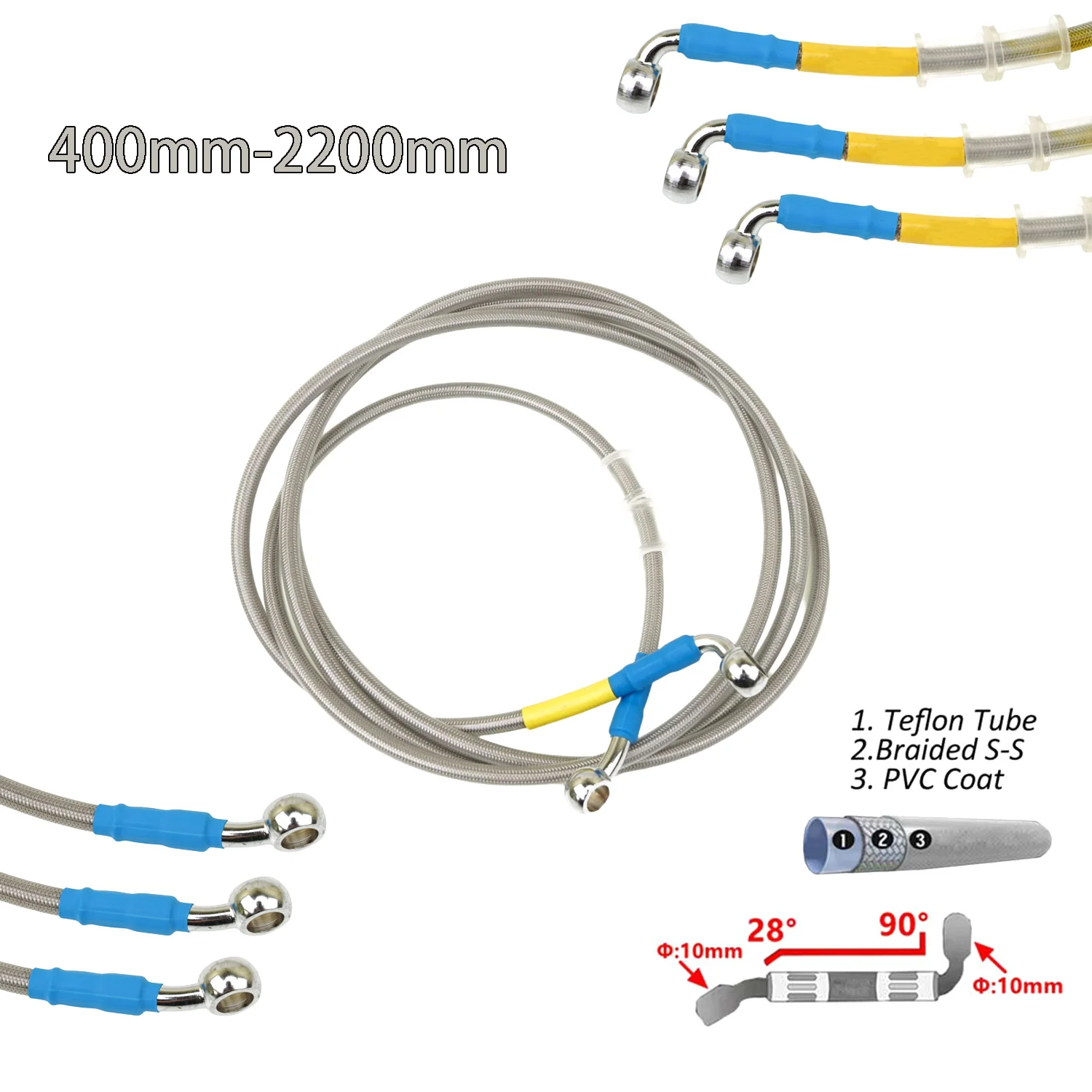 Silver 400mm-2200mm Brake Hose Hydraulic DOT Line Cable 10mm 28°-90° Banjo for Suzuki Kawasaki Yamaha Pipe Line Braided oil hose