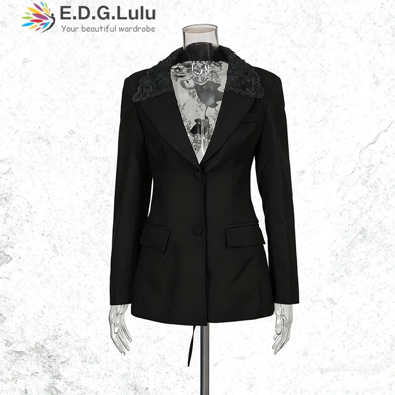 EDGLuLu 2025 جديد مثير عارية الذراعين جوفاء الدانتيل الربط بدلة سوداء سترة بدوره إلى أسفل طوق بأكمام طويلة مكتب سيدة السترة 1028