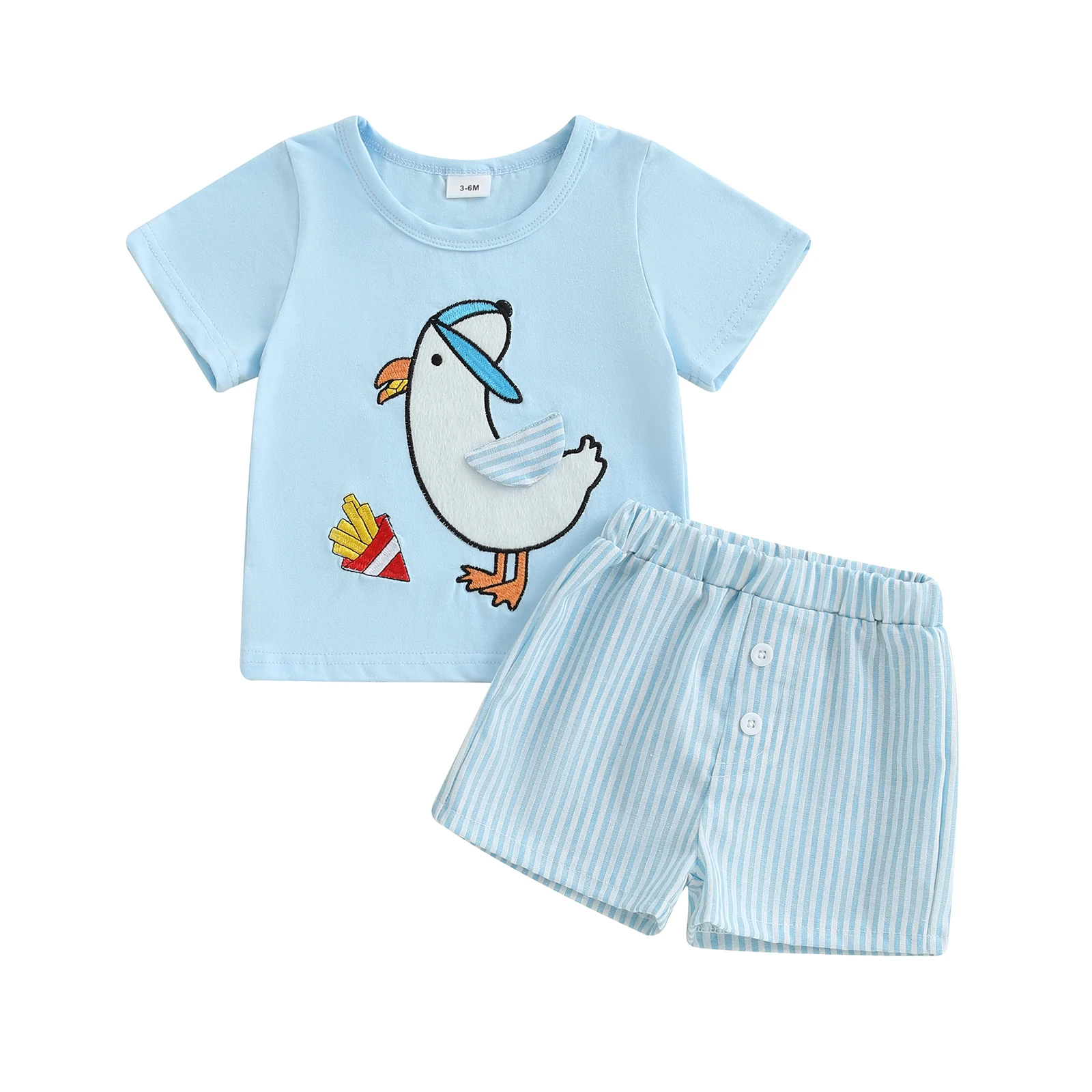 

Baby Boy Summer Outfit Cartoon Embroidery Short Sleeve Round Neck T-Shirt Stripe Shorts 2Pcs Set