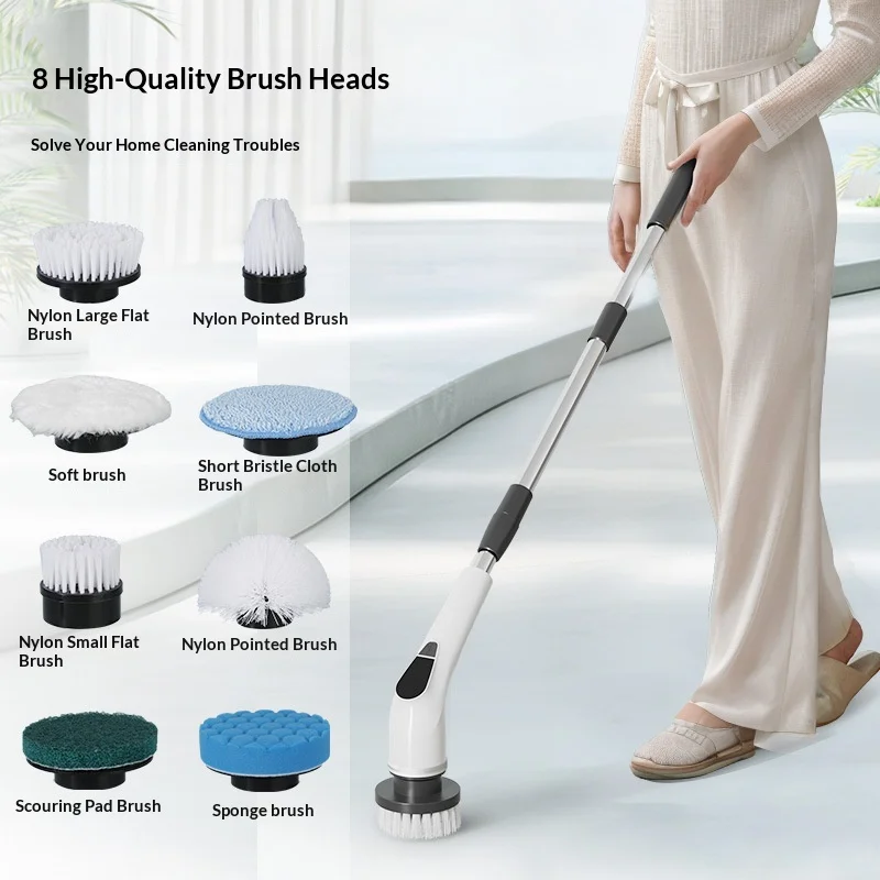 8-in-1 Cordless Electric Cleaning Brush Telescopic Long Handle Rotating Scrubber for Home Kitchen Bathroom Floor