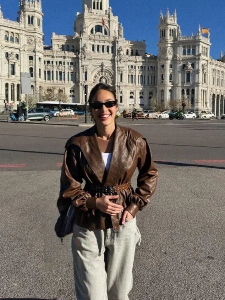 

Уличная женская куртка из искусственной кожи с поясом, модные закрытые женские короткие куртки с пышными рукавами и лацканами на талии, осень 202, женская уличная одежда