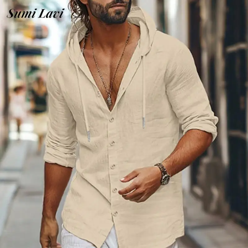 Daily Casual Loose Long Sleeve Mens Shirts Spring Summer Vintage Buttoned Hooded Shirt For Men Fashion Solid Color Cardigan Tops