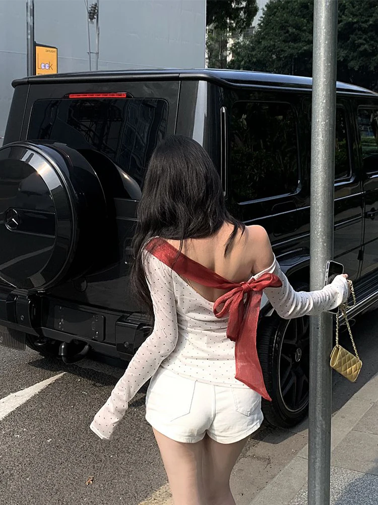 

Женский топ Pure Desire Spicy Girl с косыми плечами и принтом Love Y2K, тонкая футболка с длинными рукавами и бантом на спине, 2025 г.