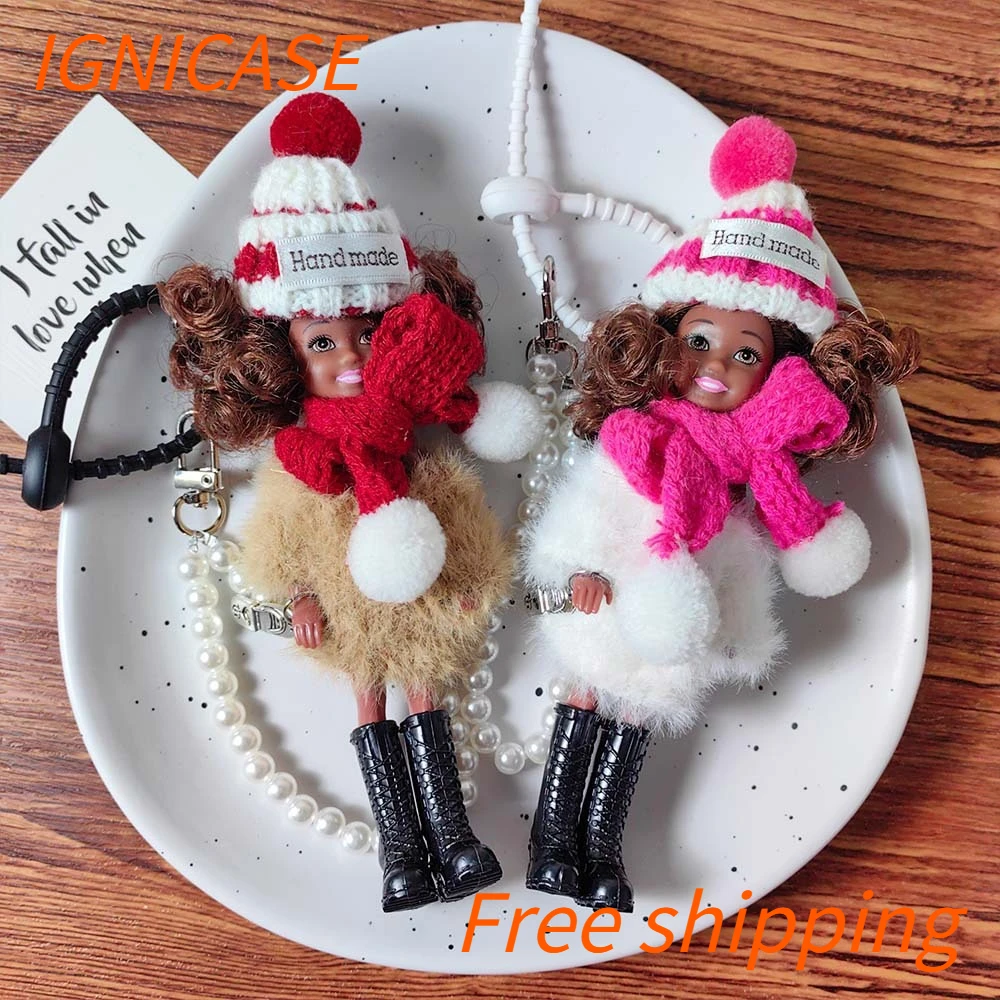 IGNICASE Cute Hat Sweater Black Leather Doll Doll, Fashionable Pearl Chain Pendant, Exquisite High-end Bag Pendant Accessories