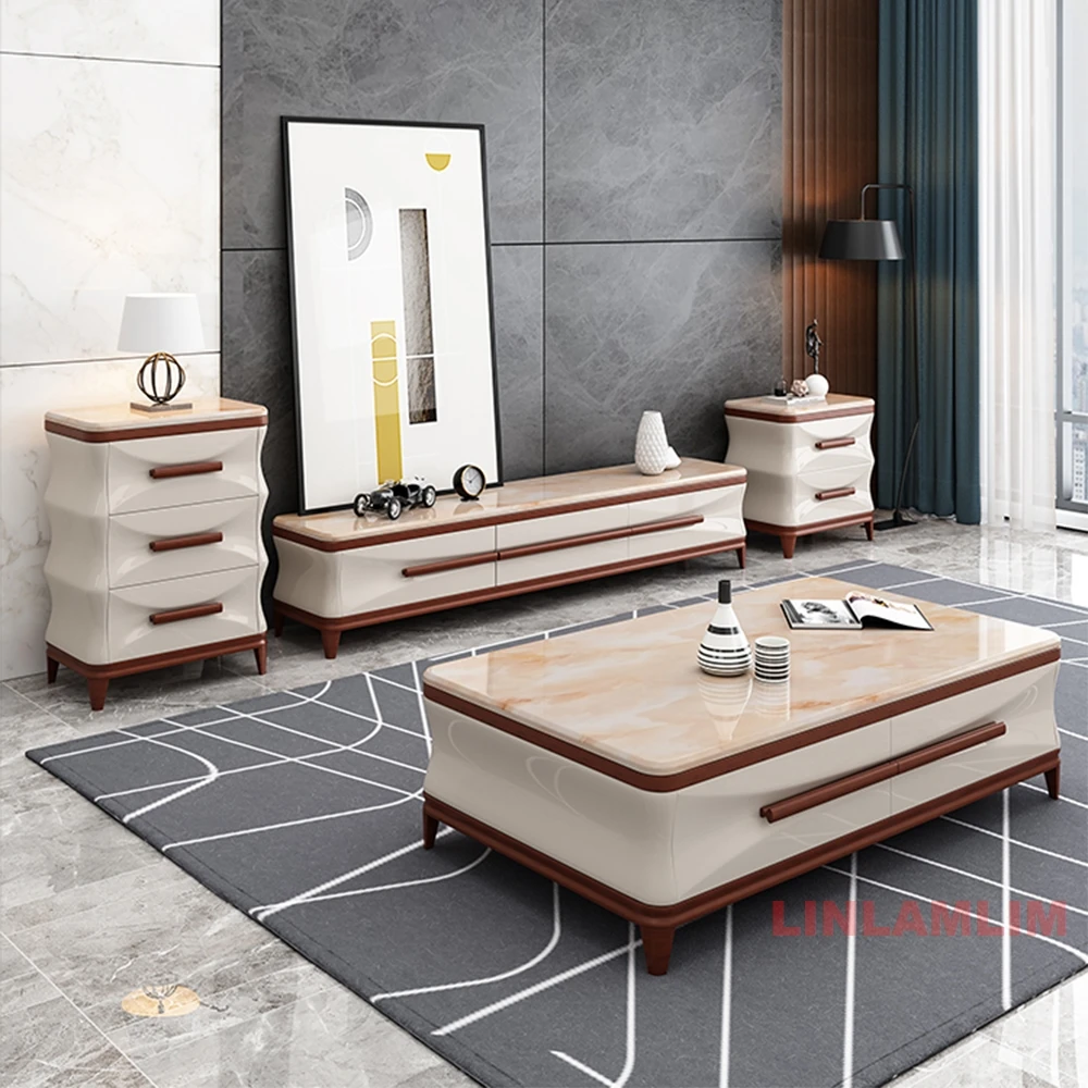 Linlamlim Modern Luxury Living Room Furniture - Coffee Table, TV Stand, and Side Cabinets with Marble Finish and Wooden Accents