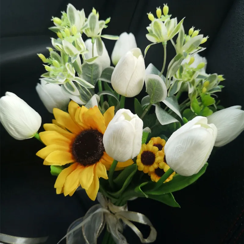 Free Shipping High Quality Mixed Imitation White Tulip Sunflower Holding Flower Bridal Wedding Bouquet Finished Artificial