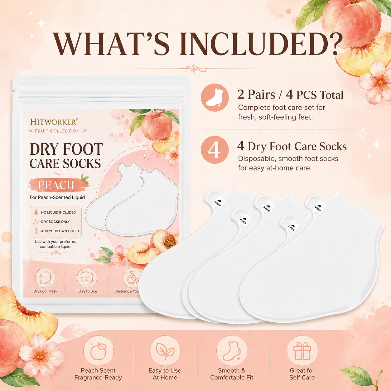 2 Pairs 4PCS Dry Foot Care Socks, Peach Design DIY Foot Cover Socks, No Liquid Included, Home Foot Care