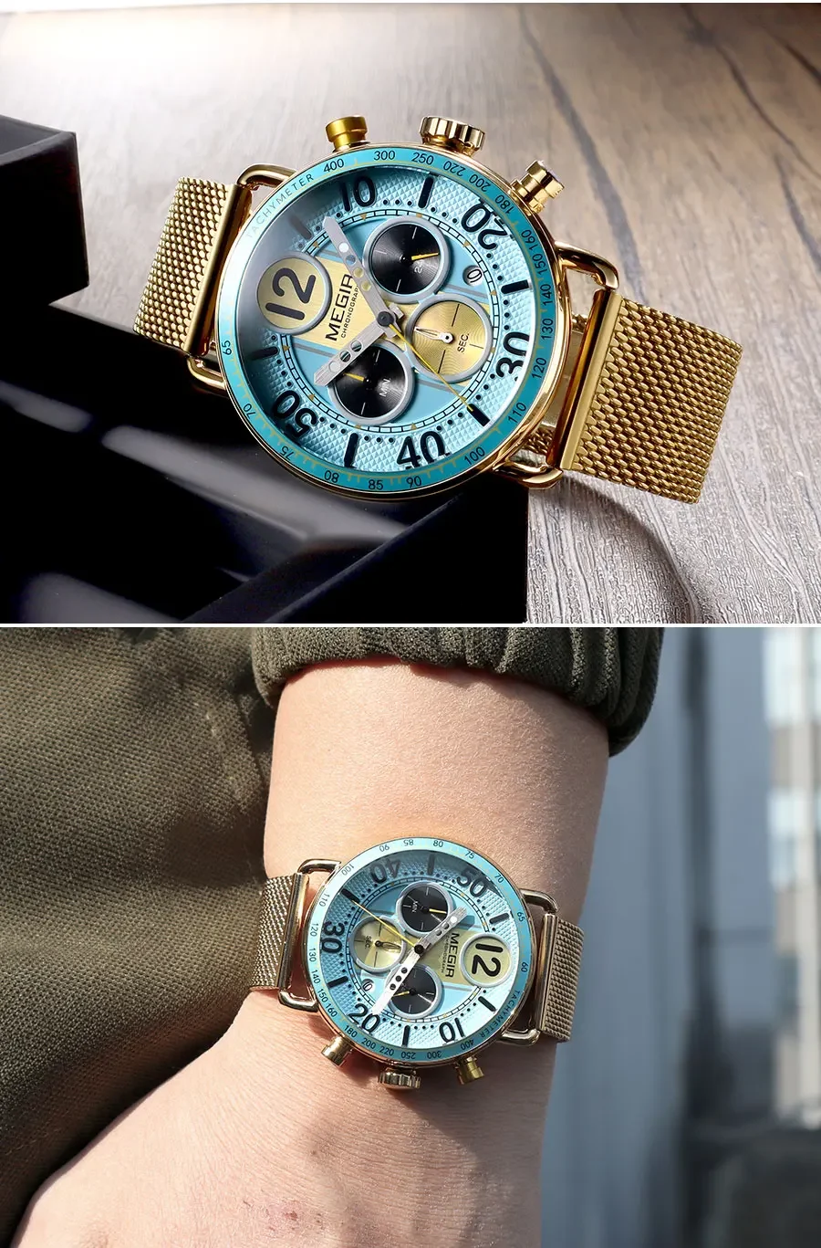 MEGIR Waterproof Quartz Watch with Blue Dial Chronograph Stainless Steel Mesh Strap Date Multifunctional Sports Wristwatch Brig