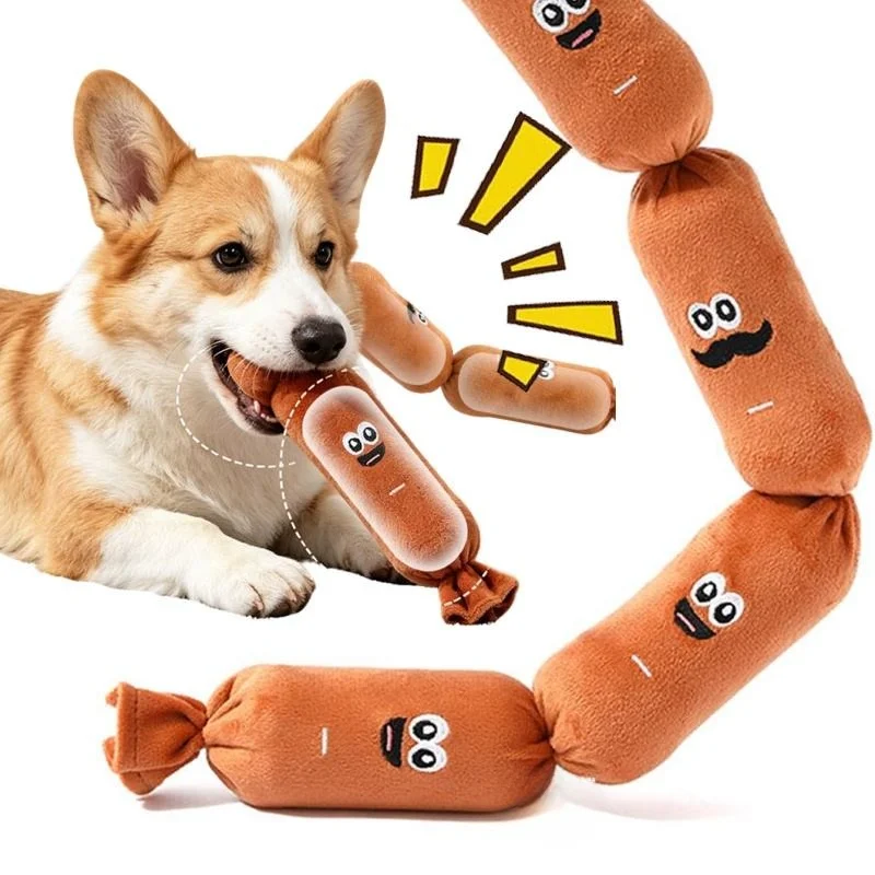 Cartoon Sausage‑String Plush Squeaky Dog Toy Soft Stuffed Bite‑proof Chew Toy Interactive Entertainment Play Toy Small Medium