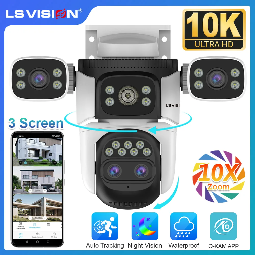 LS VISION 20MP 10X Zoom Three Screens WiFi IP Camera Wireless Outdoor 10K Four Lens PTZ Human Auto Tracking Surveillance Cameras