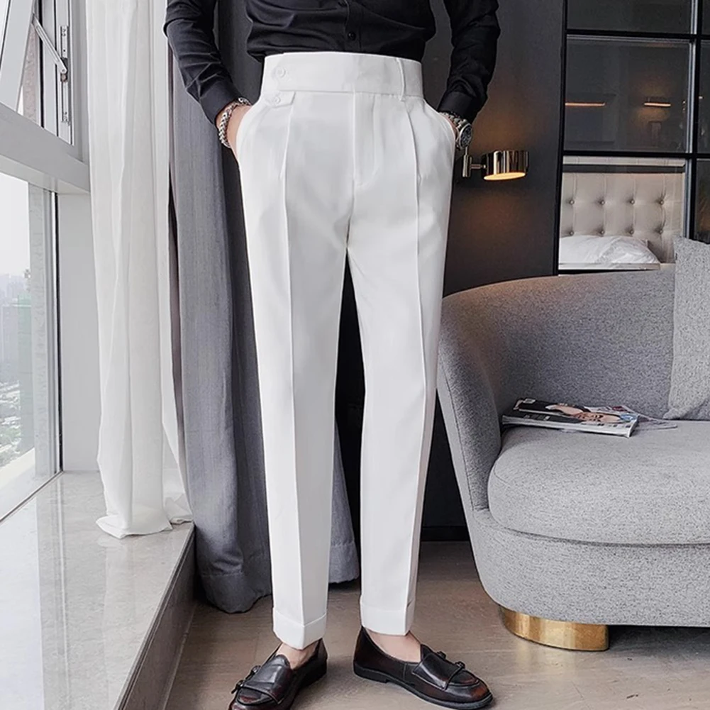 

Men's High Waist Trousers England Business Casual Work Suit Pants Belt Waistline Straight Slim Fit Bottoms Handsome Clothing