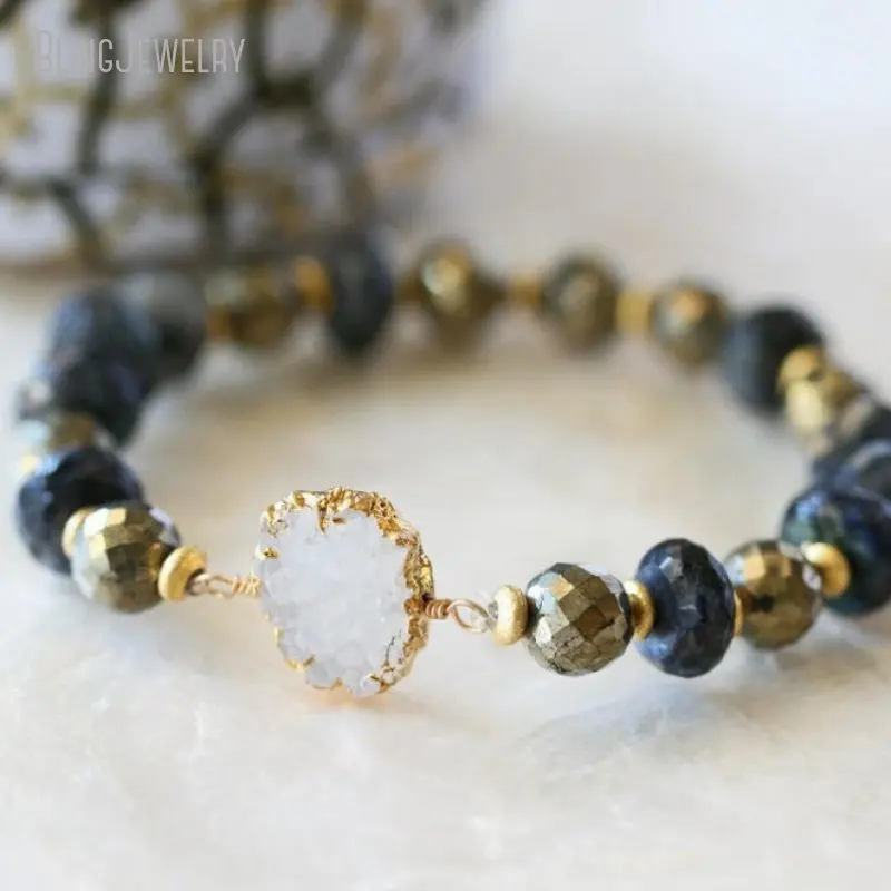 Labradorite Pyrite Druzy Drusy Stretch Stacked Bracelet Flower Solar Quartz Stalactite Charm Natural Stone Jewelry Women Boho