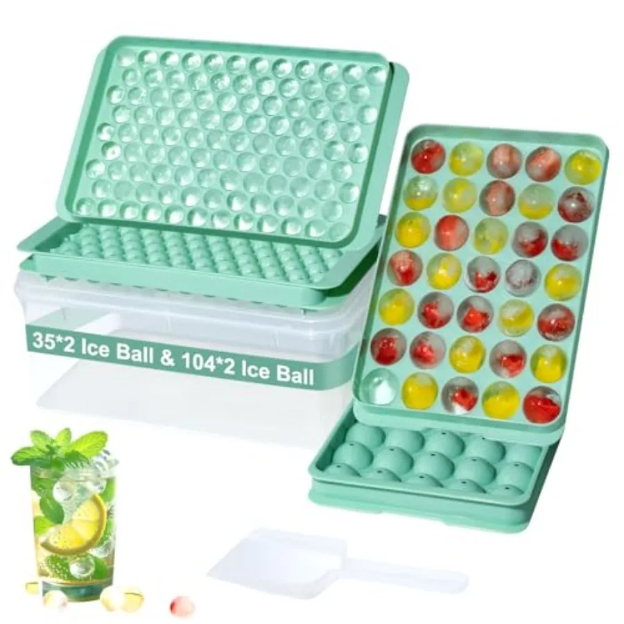 

4 Pack Round Ice Cube Tray Set with Lid and Bin 2 x 35-Ball and 2 x 104-Ball BPA-Free Small Ice Trays for Fre Stackable Easy-Re