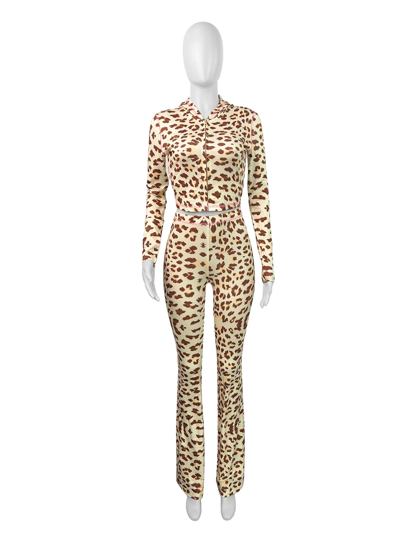Customized LOGO European and American women's clothing new Spice Girl leopard print fashion long-sleeved hooded two-piece set
