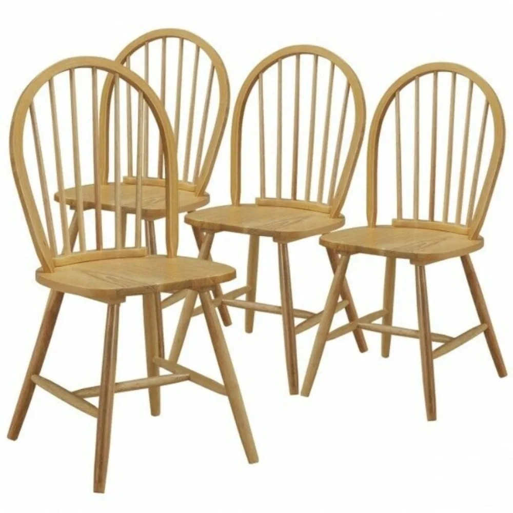 

4 PCS Vintage Windsor Dining Side Chair Spindleback Kitchen Natural, H-Shaped Crossbar