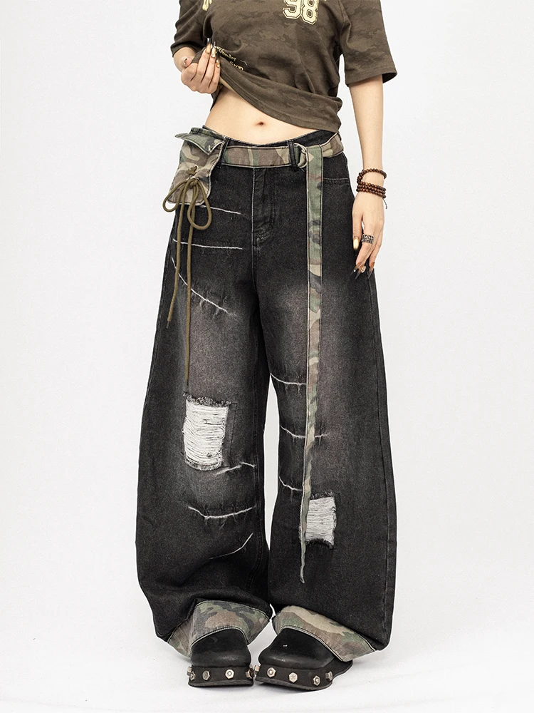 

OCTTFLAB Американские ретро-джинсы в стиле Hot Girl с камуфляжным принтом и прорезями, женские свободные брюки в пол, повседневные, с высокой талией, широкие штанины