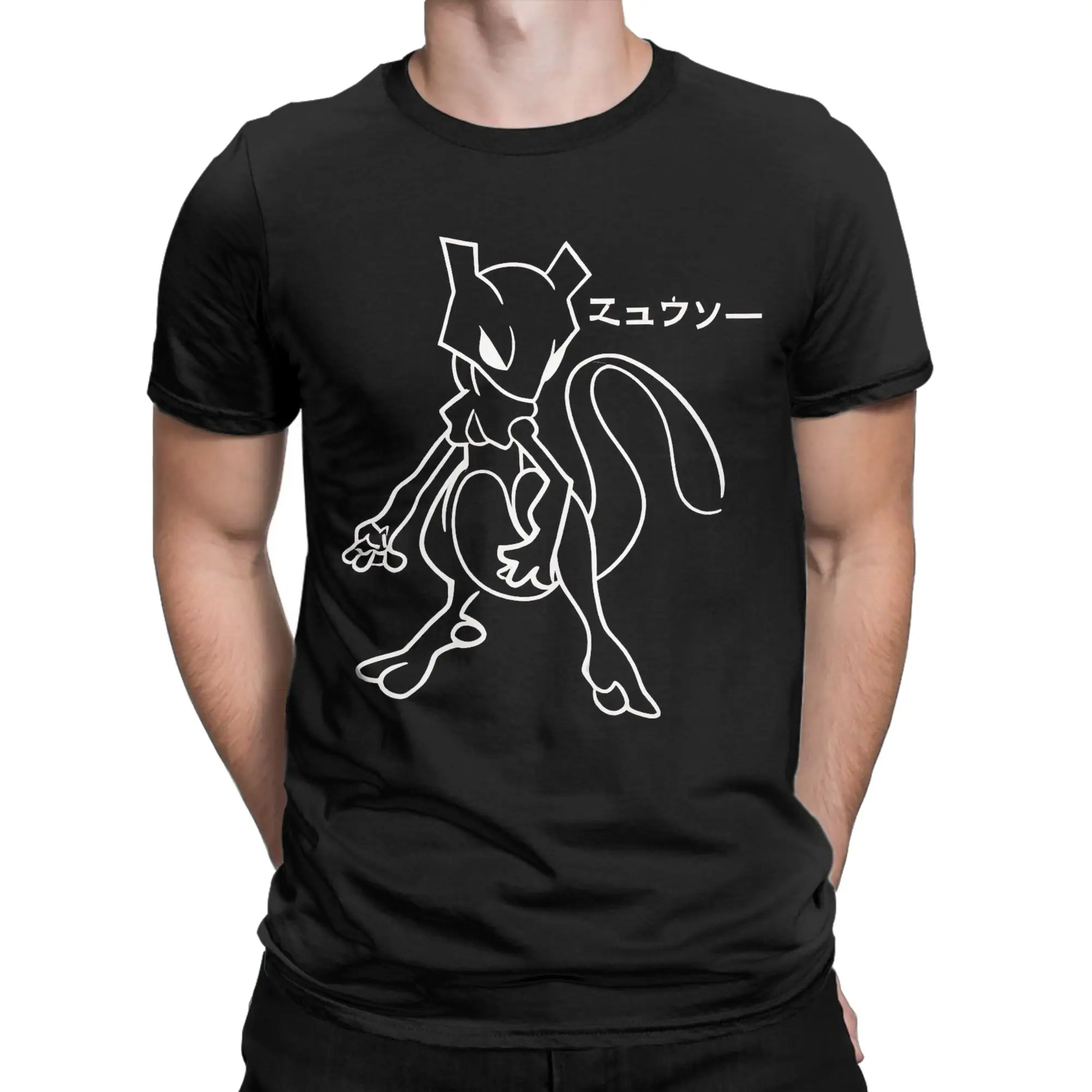 Leisure Pokemon Mewtwo Line Art T-Shirt for Men Round Collar Pure Cotton T Shirt  Short Sleeve Tee Shirt 4XL 5XL 6XL Clothes view 2