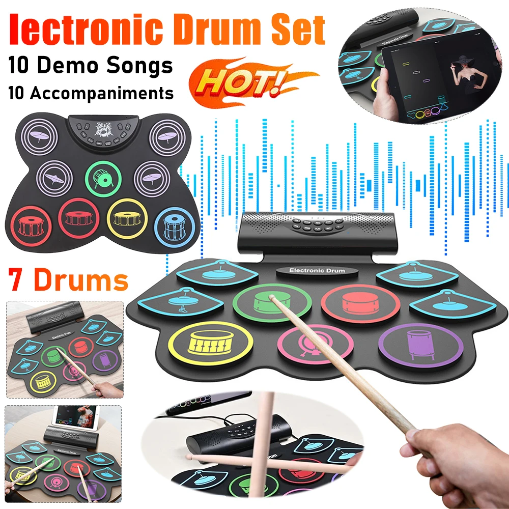 Electronic Drum Set With Drum Sticks And Pedals Bluetooth 9 Pad Digital Drum USB Foldable Silicon Drums Sets For Kids and Adults