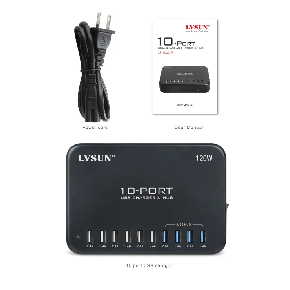 120W 10 Port USB Charger for ipad iphone 11 10 8 ,galaxy,Xiaomi,Matebook Htc,Moto LVSUN V 24A High Speed Universal Desktop