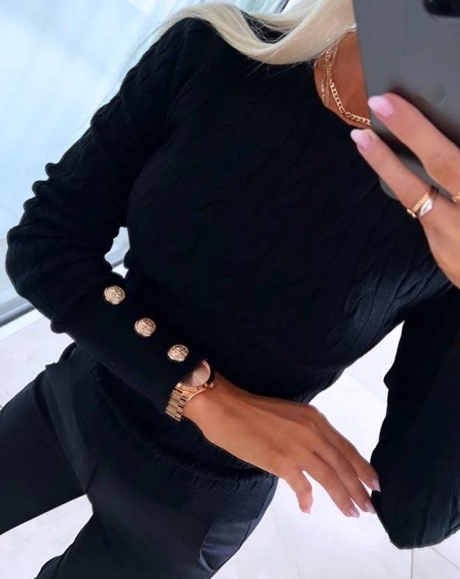 Suéteres cálidos informales de manga larga con cuello redondo para mujer, Top de punto ajustado trenzado abotonado, Jersey elegante a la moda 2023