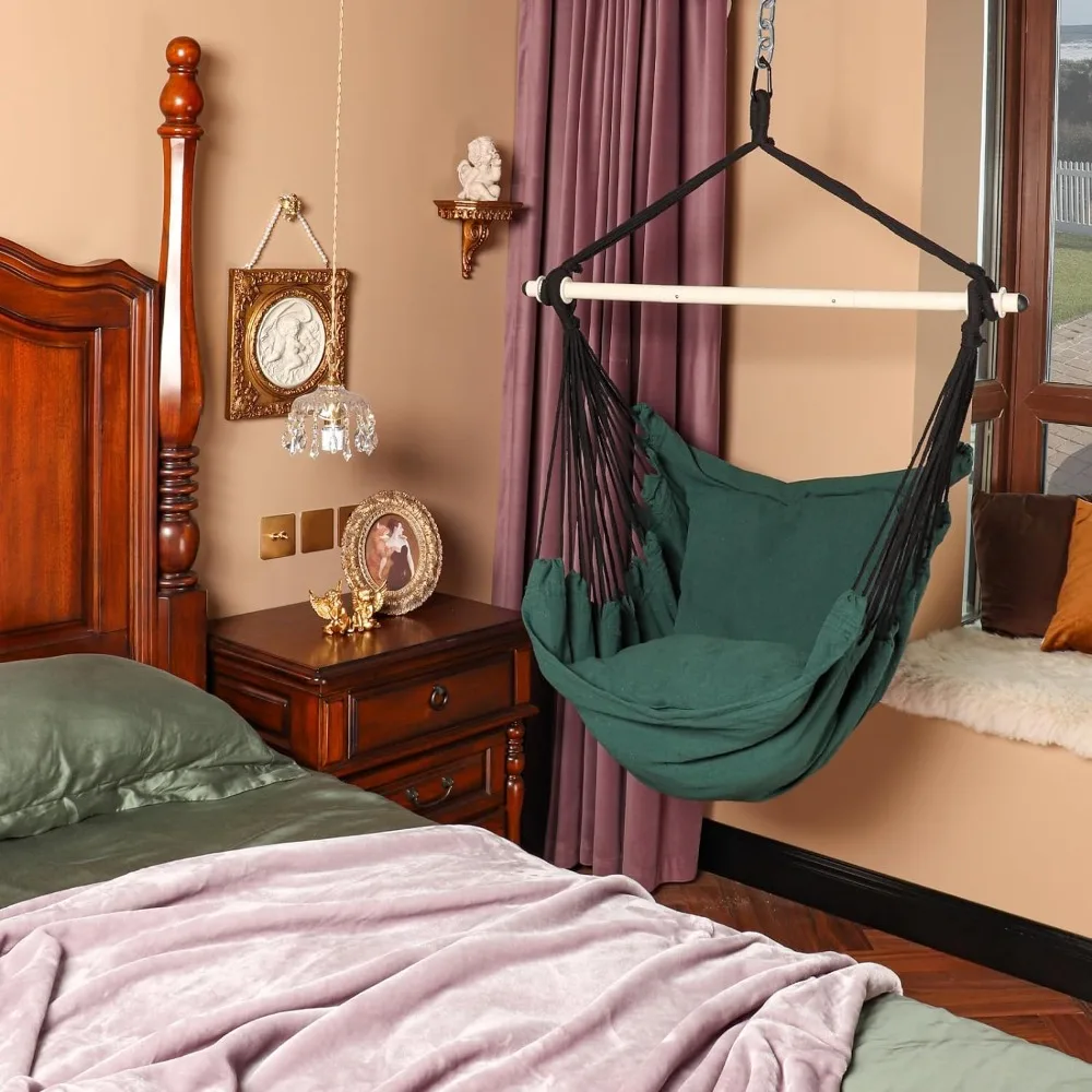 Highwild Hammock Chair Hanging Rope Swing Max 500 Lbs - 2 Cushions Included Steel Spreader Bar with Anti-Slip Rings for An