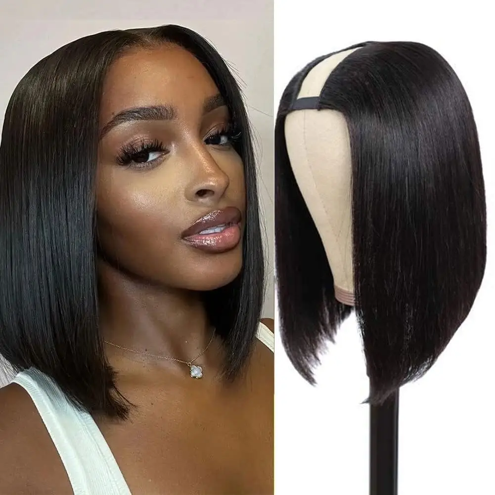 Short Straight Bob Wig Human Hair Glueless U Part Wigs Natural Color Full Head Clip in Half Wig For Women Brazilian Human Hair