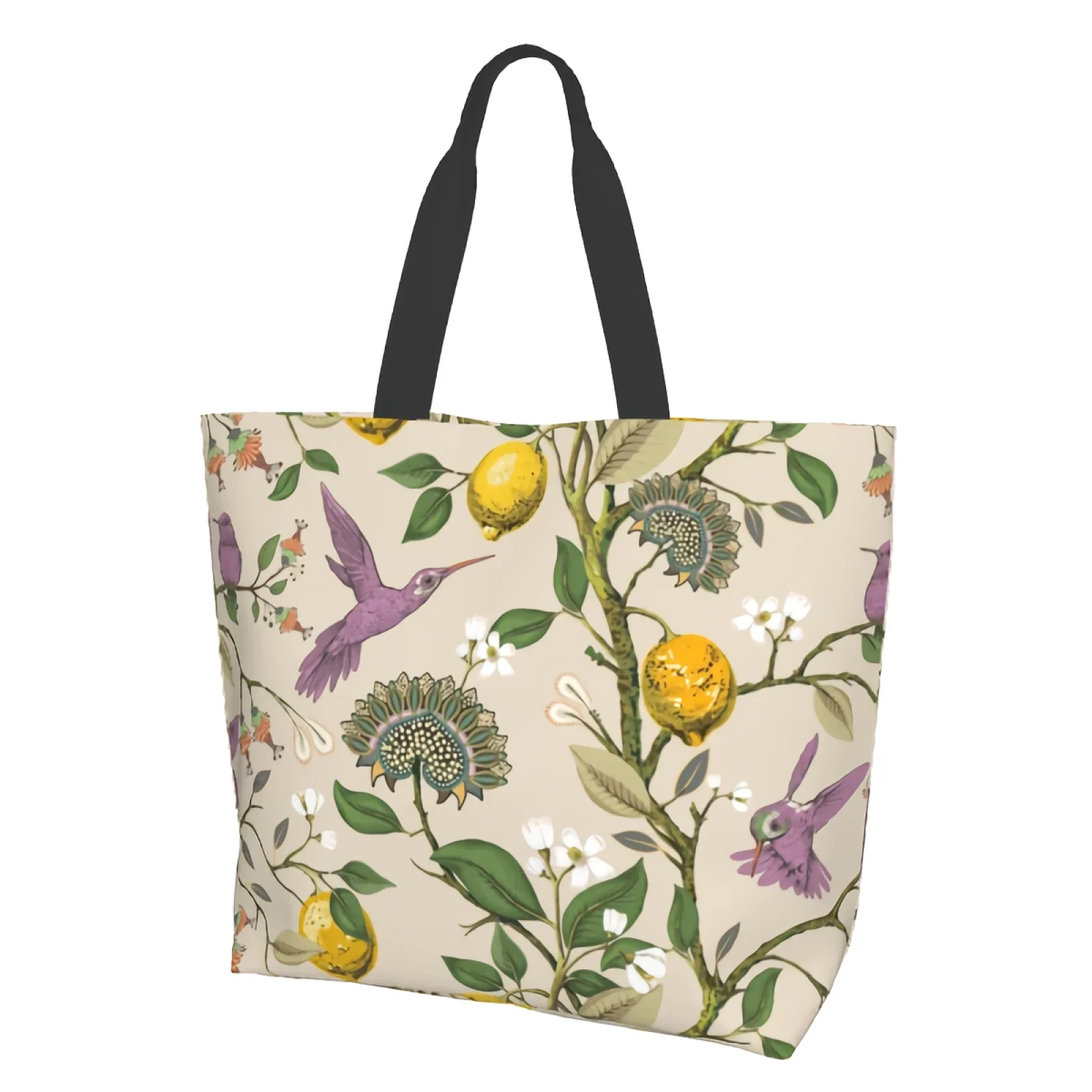 Vintage Flowers Lemons hummingbird retro Nature Birds floral Blooming Canvas Tote Bag Shopping Shoulder Handbag Storage