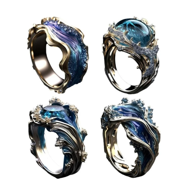 Adjustable Oceans Waving Rings Inspirational Sea Elegant Designs Silver Sturdy Alloy Resin Crafted Gifts for Women N2UE