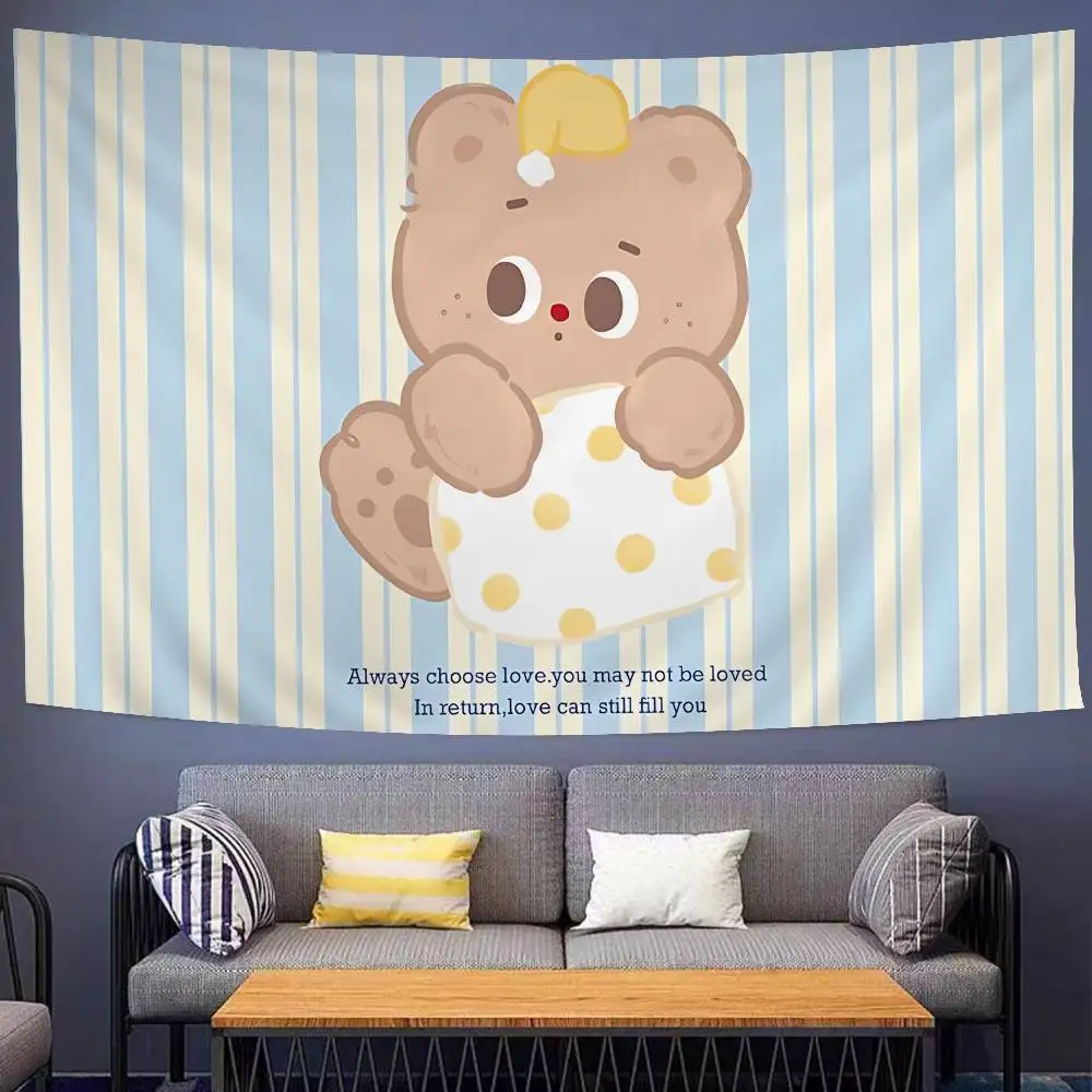Kawaii Butter Bear Anime Tapestry Hippie Flower Wall Carpets Dorm Decor Cheap Hippie Wall Hanging