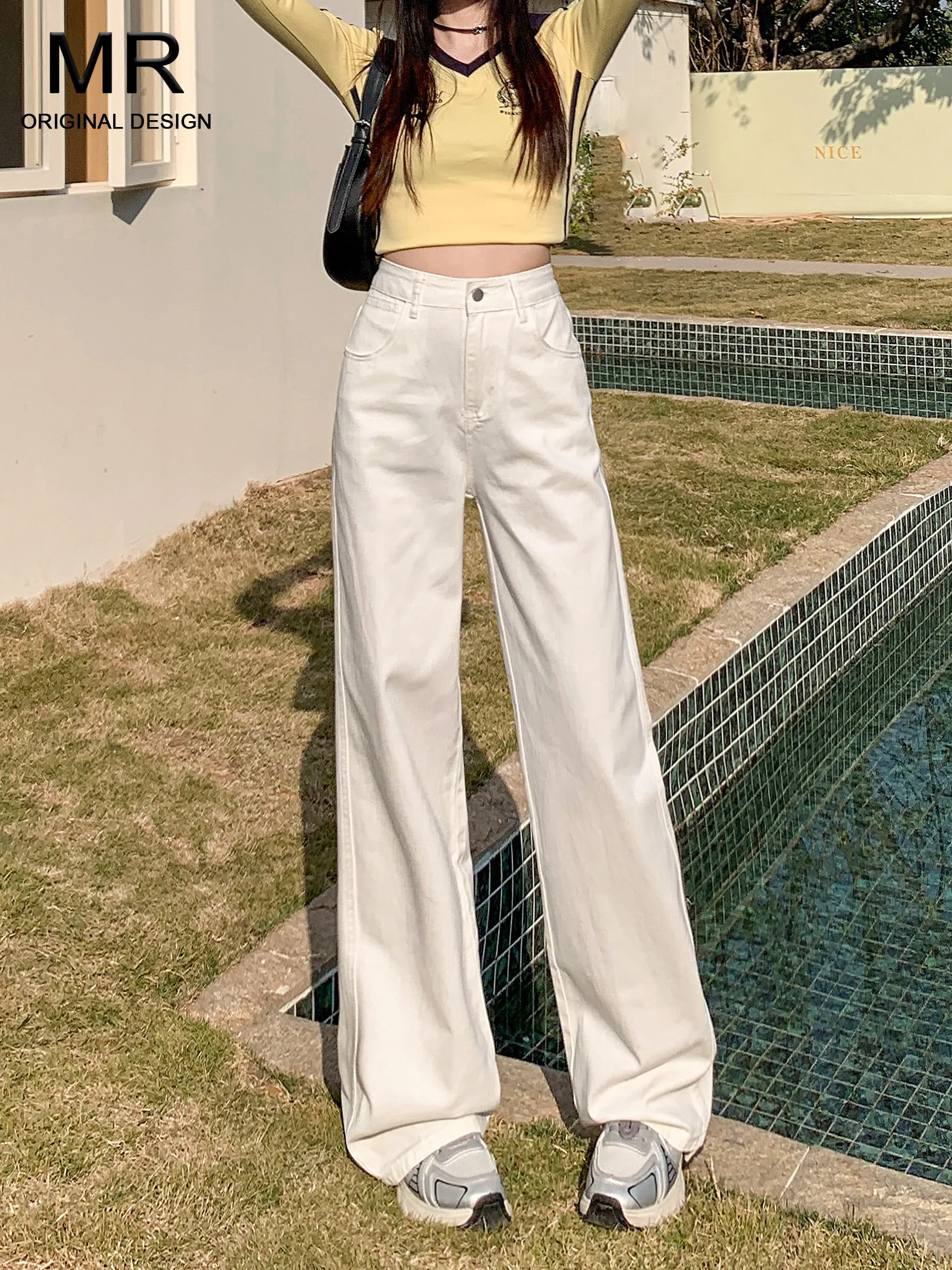 

Женские джинсы с высокой талией и широкими штанинами, белые, из денима, свободные, стройнящие, летние, новый стиль, прямые брюки, повседневные, с высокой талией