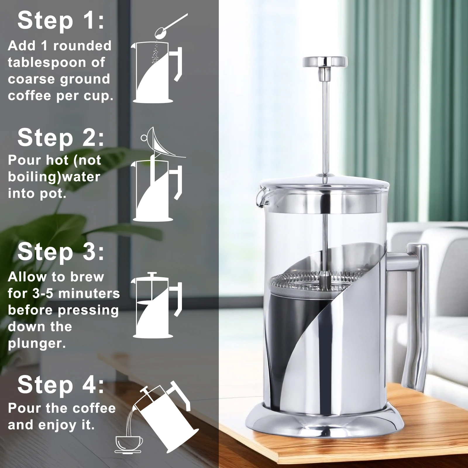 Stainless Steel French Press Coffee Maker, Coffee Pots, Glass Liner, Hand Punch Pot, Coffee Accessories, 1000ml