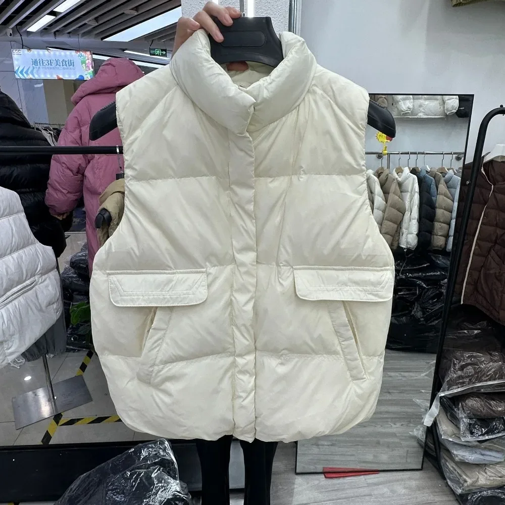 White Duck Down Vest Sleeveless Jacket  2024 Autumn Winter New Women Waistcoat Gilet Stand Collar Casual Fashion Korean Style