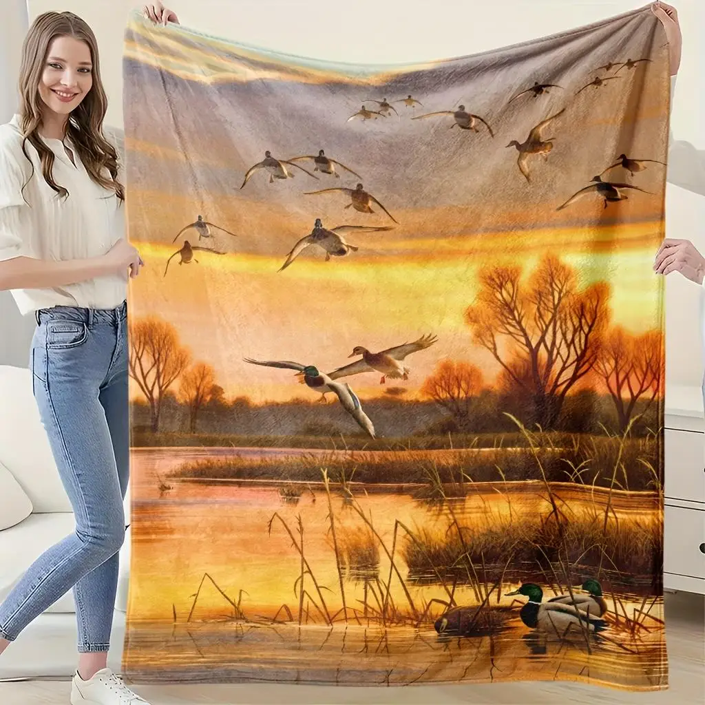 1pc Soft & Breathable All-Season Flannel Blanket - HD Digital Print Sunset Ducks Flying Over Water Design in Warm Orange, Brown